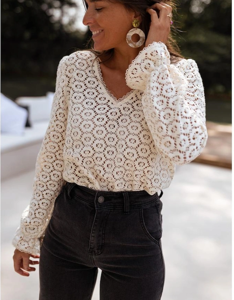 Beige Flower Lace V Neck Ruffled Sleeve Top