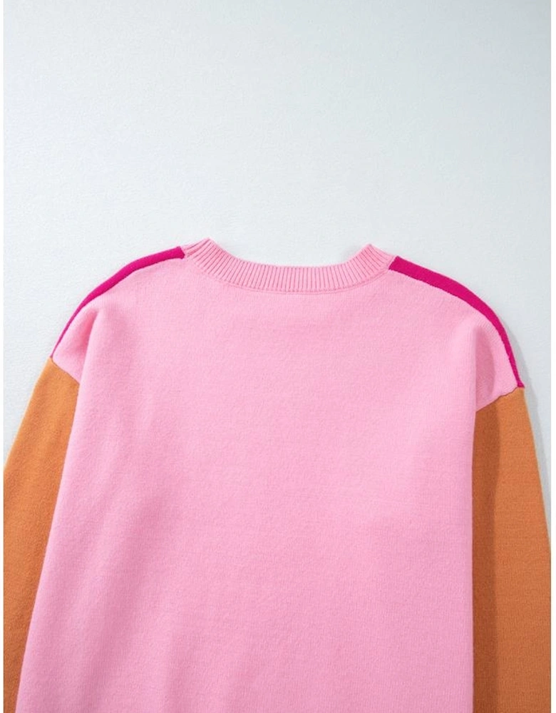 Bonbon Three Tone Contrast Round Neck Loose Sweater