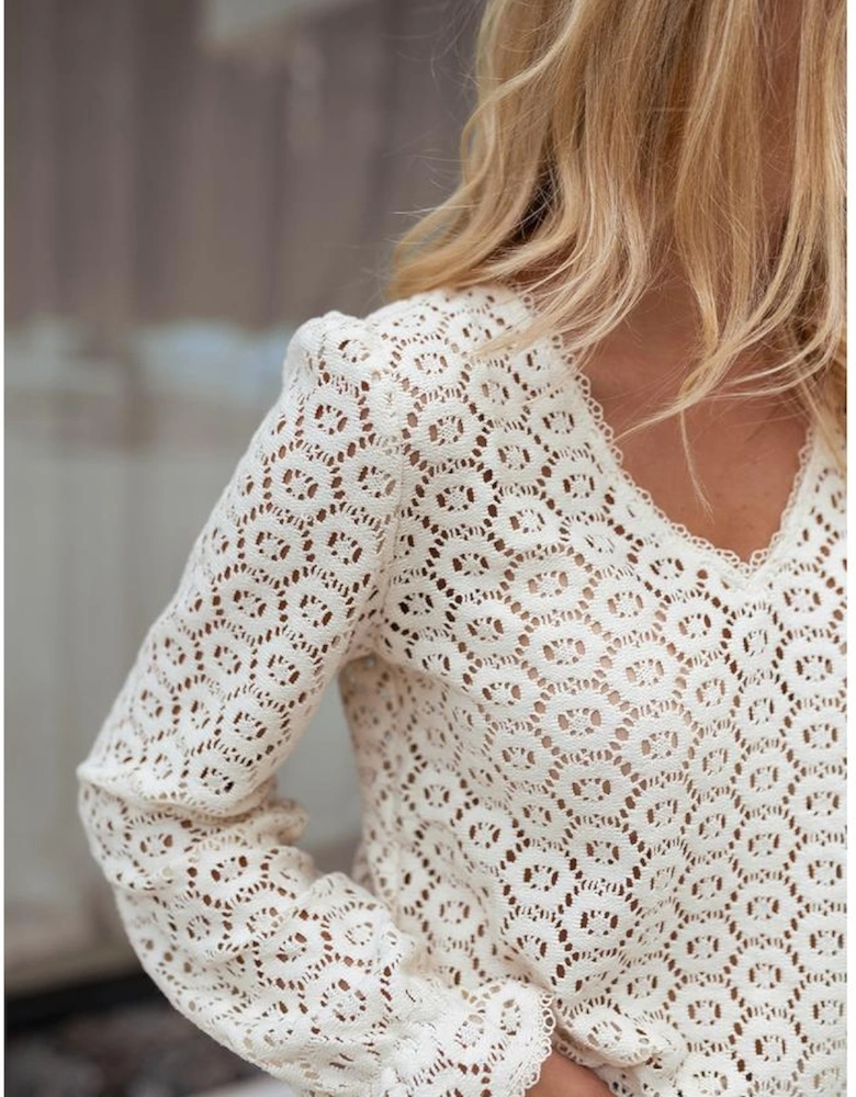 Beige Flower Lace V Neck Ruffled Sleeve Top