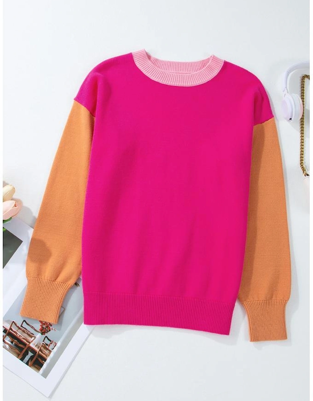Bonbon Three Tone Contrast Round Neck Loose Sweater