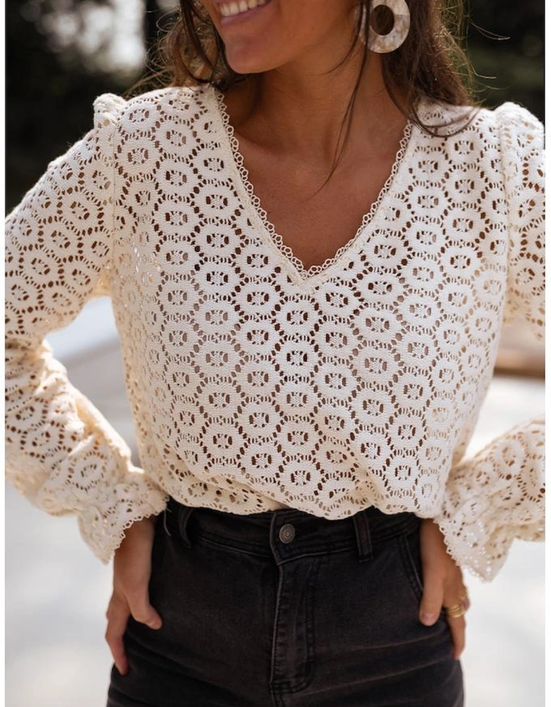 Beige Flower Lace V Neck Ruffled Sleeve Top