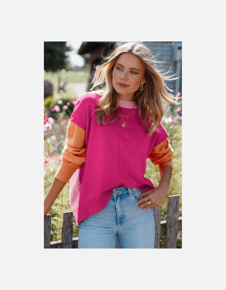 Bonbon Three Tone Contrast Round Neck Loose Sweater