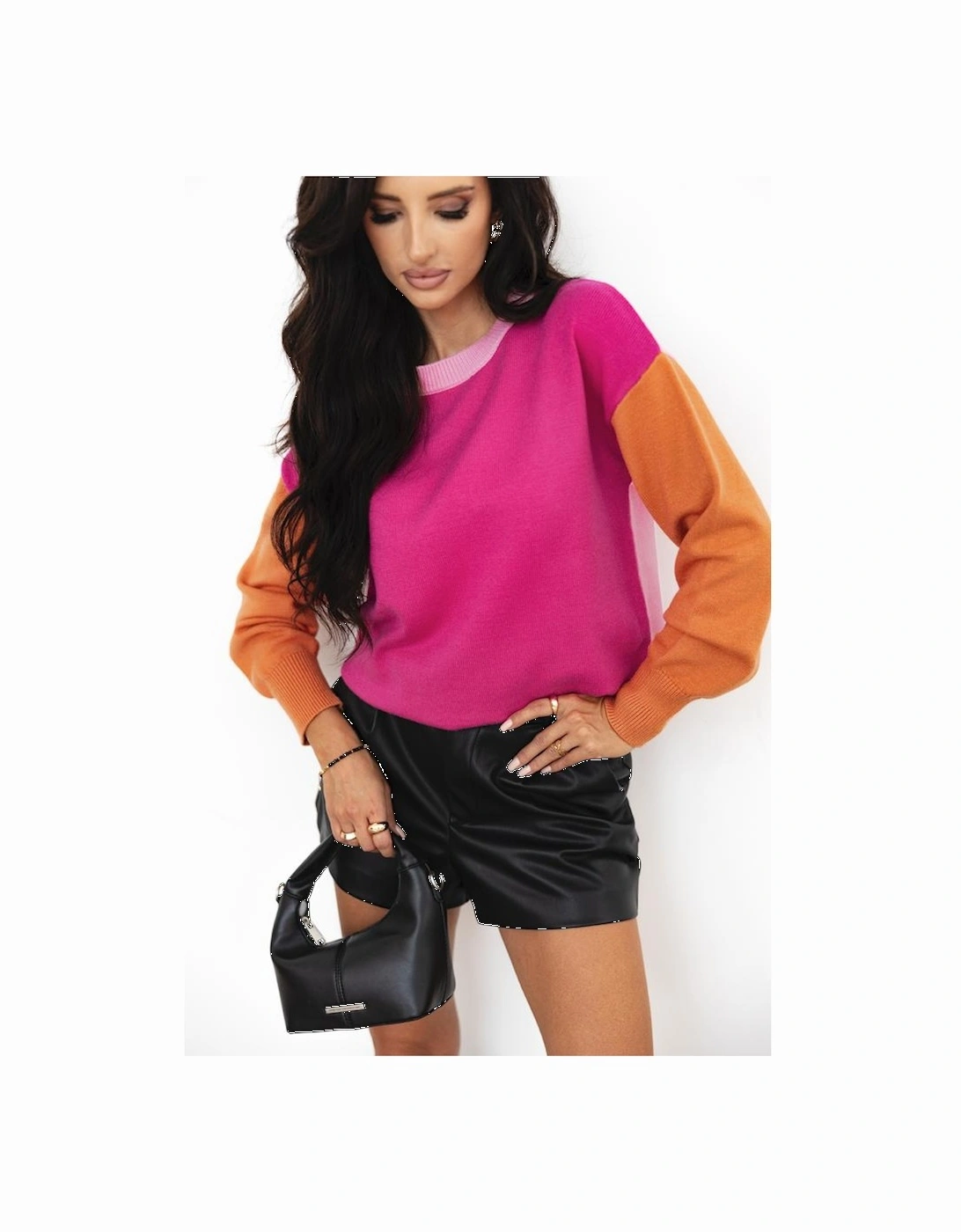 Bonbon Three Tone Contrast Round Neck Loose Sweater
