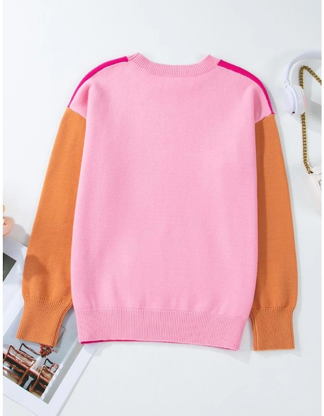 Bonbon Three Tone Contrast Round Neck Loose Sweater