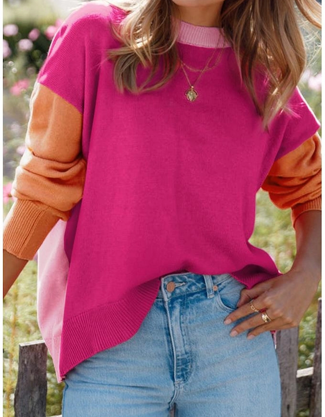 Bonbon Three Tone Contrast Round Neck Loose Sweater