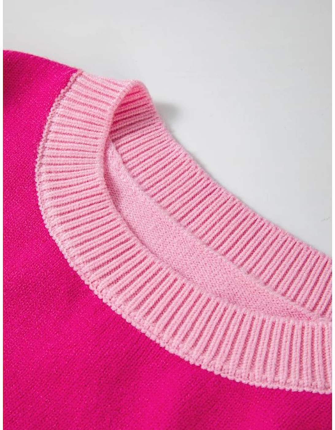 Bonbon Three Tone Contrast Round Neck Loose Sweater