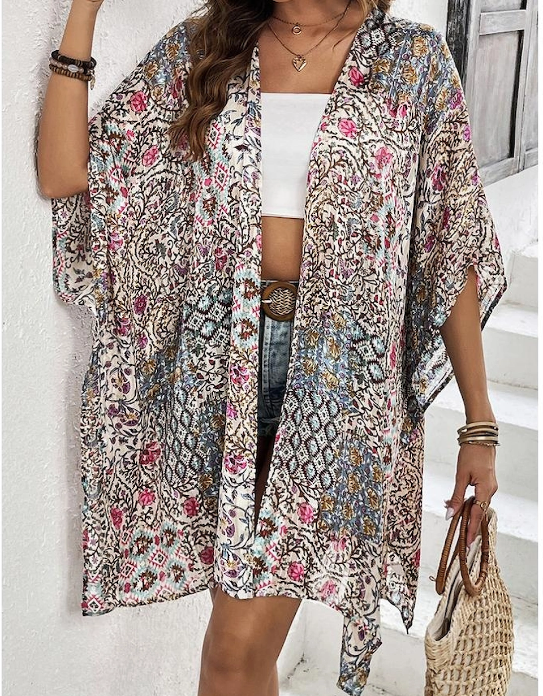 Apricot Floral Print Short Wide Sleeve Open Front Loose Kimono