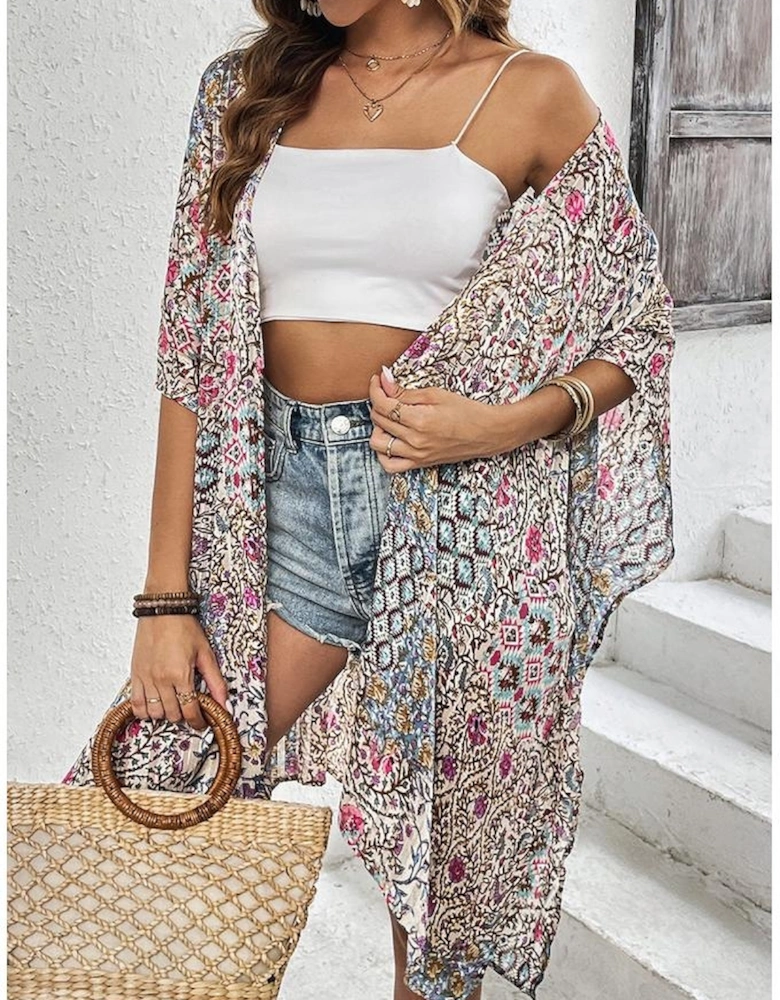 Apricot Floral Print Short Wide Sleeve Open Front Loose Kimono