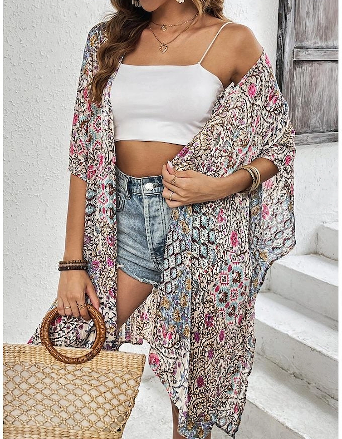 Apricot Floral Print Short Wide Sleeve Open Front Loose Kimono