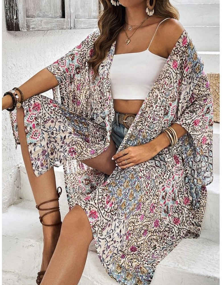 Apricot Floral Print Short Wide Sleeve Open Front Loose Kimono