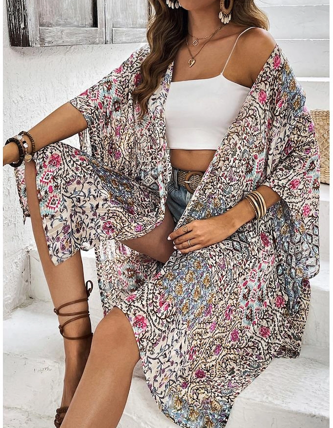 Apricot Floral Print Short Wide Sleeve Open Front Loose Kimono