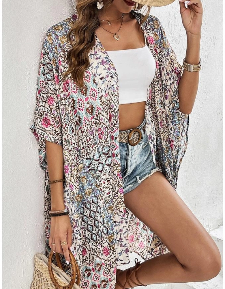 Apricot Floral Print Short Wide Sleeve Open Front Loose Kimono