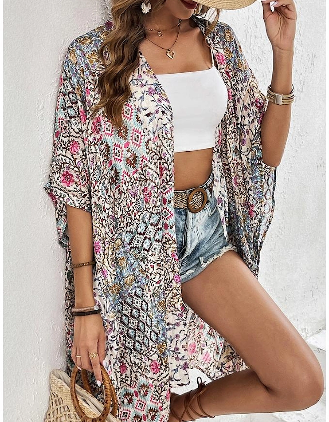 Apricot Floral Print Short Wide Sleeve Open Front Loose Kimono, 6 of 5