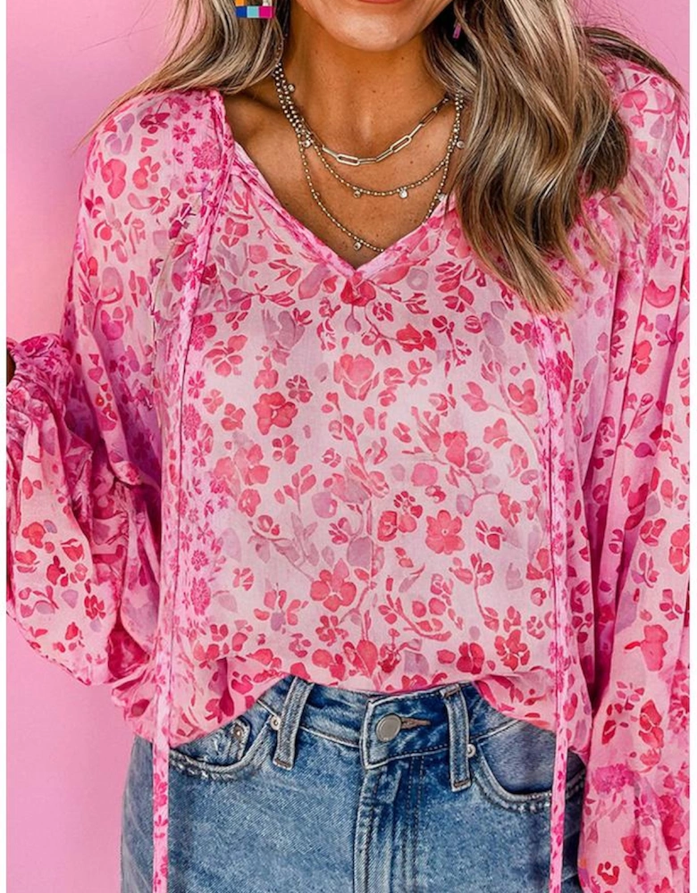Pink Floral Puff Sleeve Split Neck Lightweight Blouse