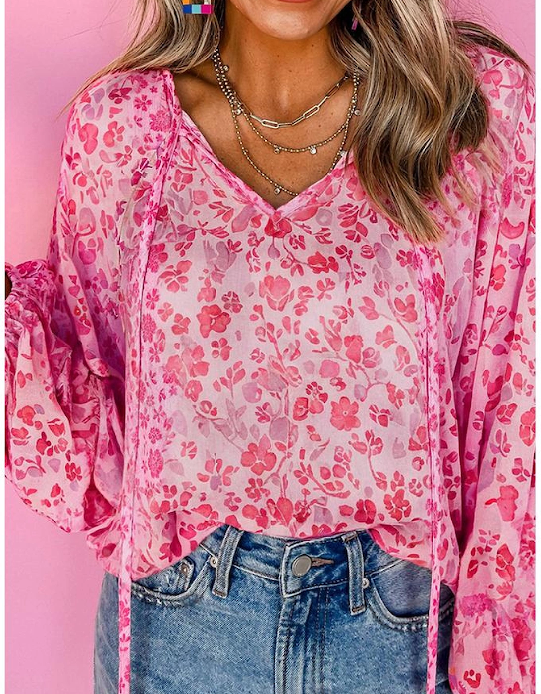 Pink Floral Puff Sleeve Split Neck Lightweight Blouse