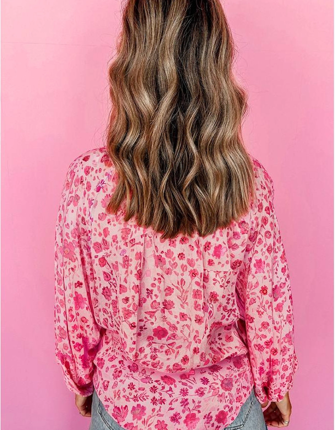 Pink Floral Puff Sleeve Split Neck Lightweight Blouse, 12 of 11