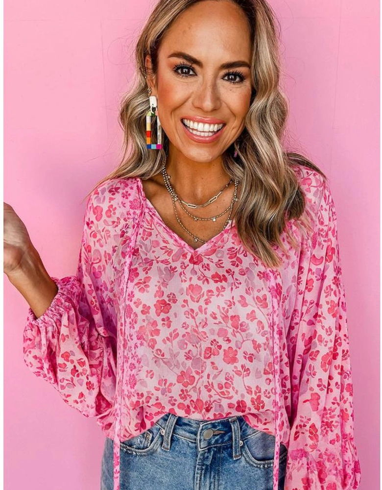 Pink Floral Puff Sleeve Split Neck Lightweight Blouse