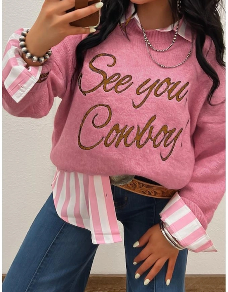 Peach Blossom See You Cowboy Embroidered Western Graphic Sweater