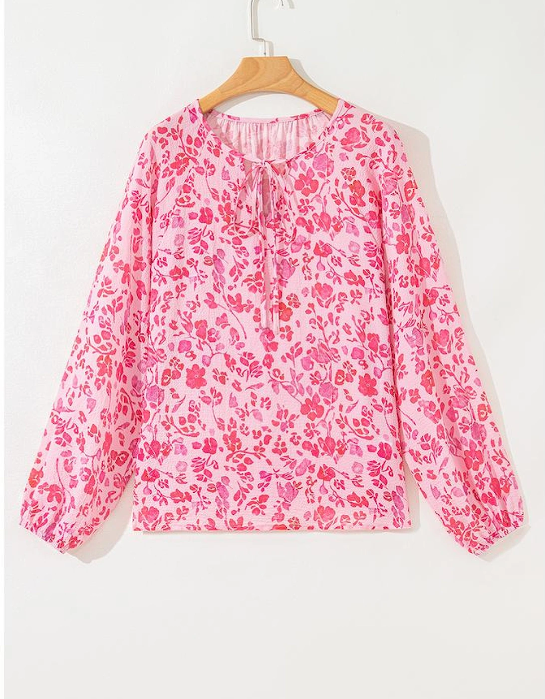 Pink Floral Puff Sleeve Split Neck Lightweight Blouse