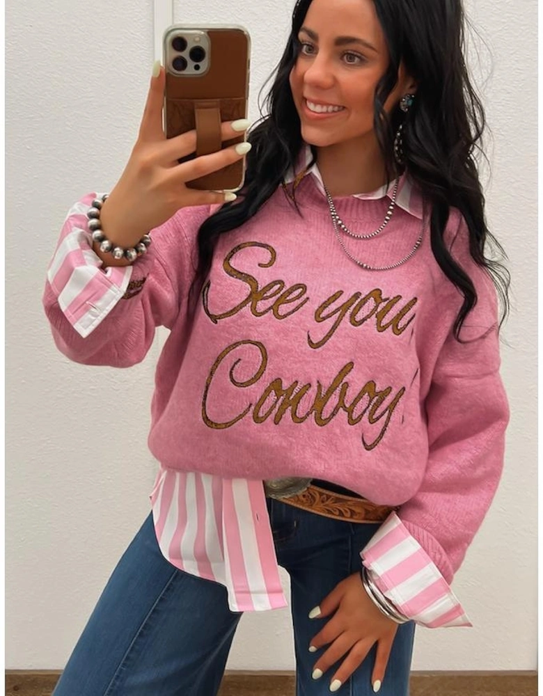Peach Blossom See You Cowboy Embroidered Western Graphic Sweater