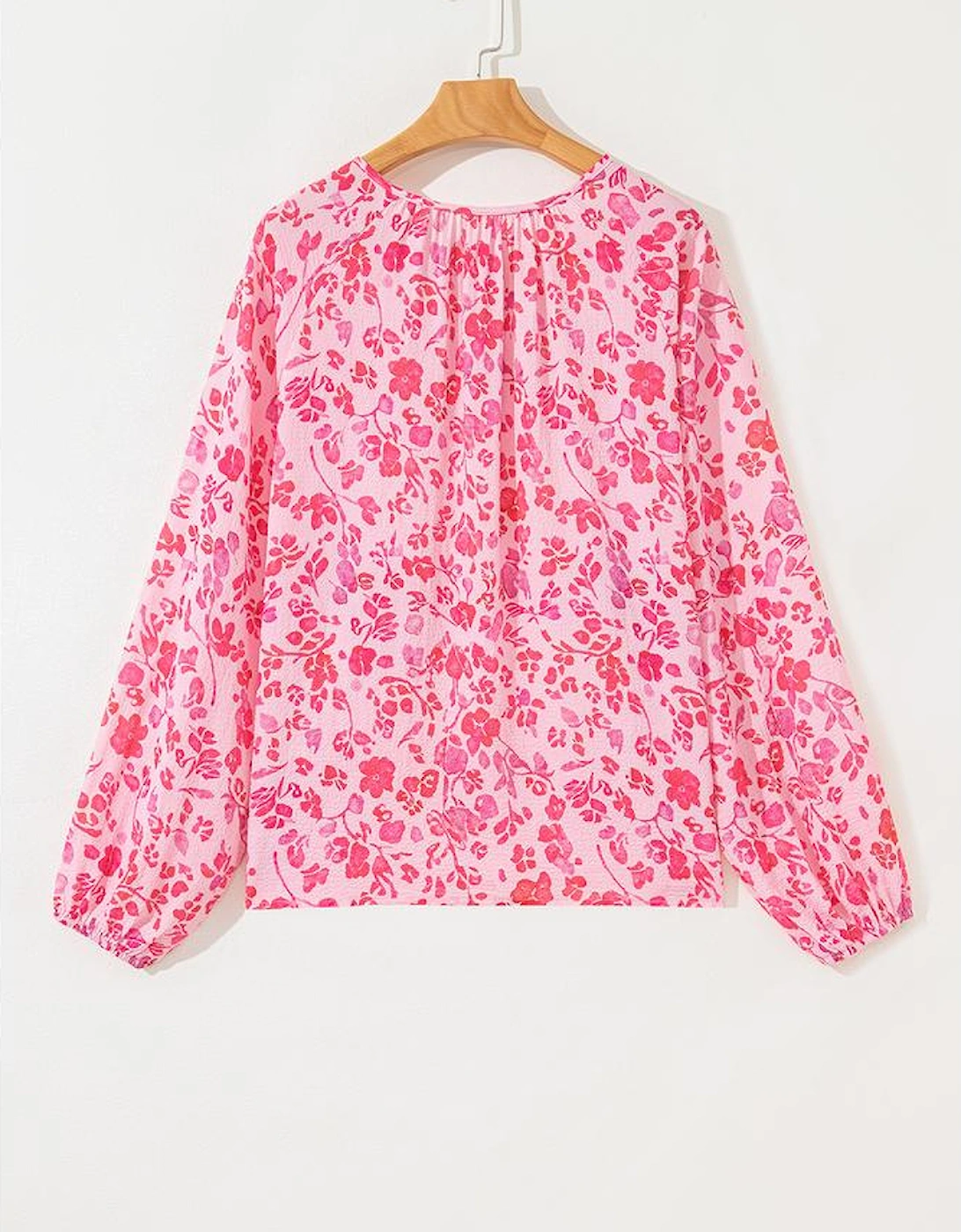 Pink Floral Puff Sleeve Split Neck Lightweight Blouse