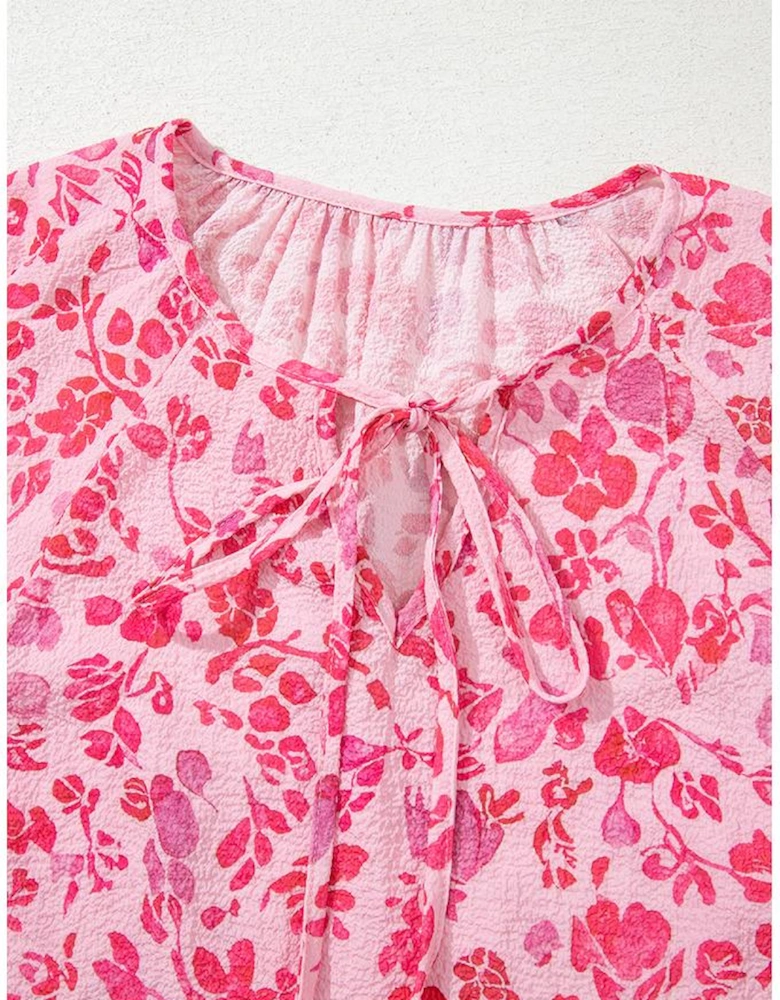 Pink Floral Puff Sleeve Split Neck Lightweight Blouse