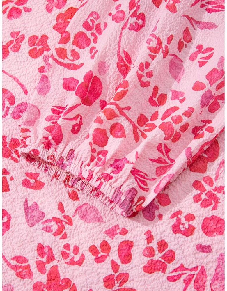 Pink Floral Puff Sleeve Split Neck Lightweight Blouse