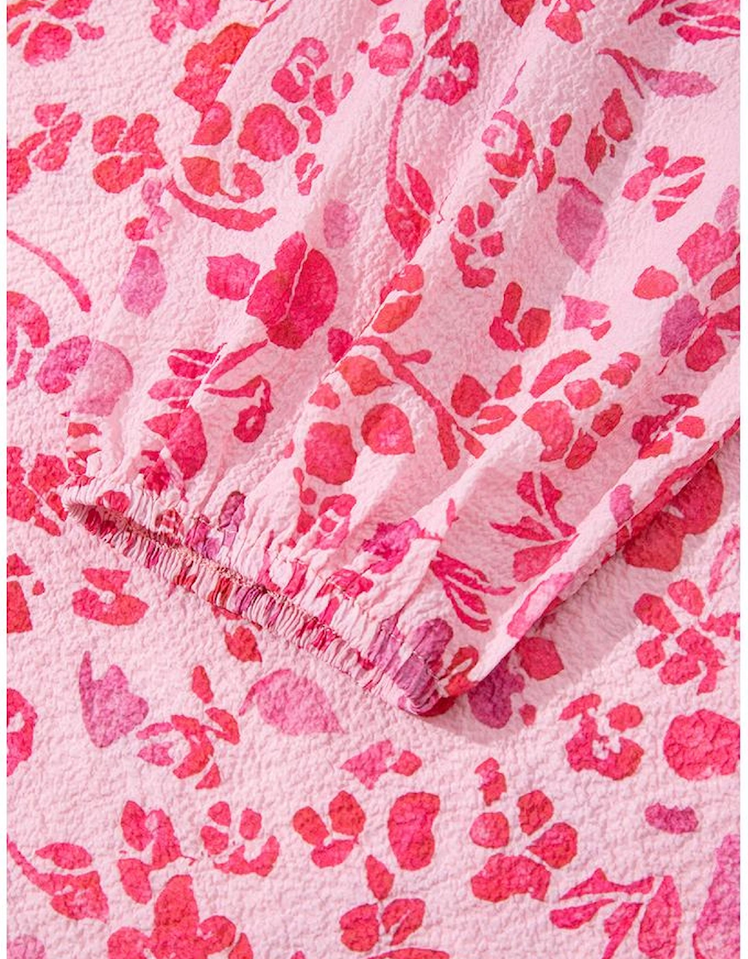 Pink Floral Puff Sleeve Split Neck Lightweight Blouse