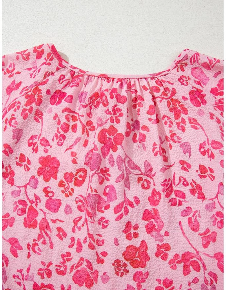 Pink Floral Puff Sleeve Split Neck Lightweight Blouse