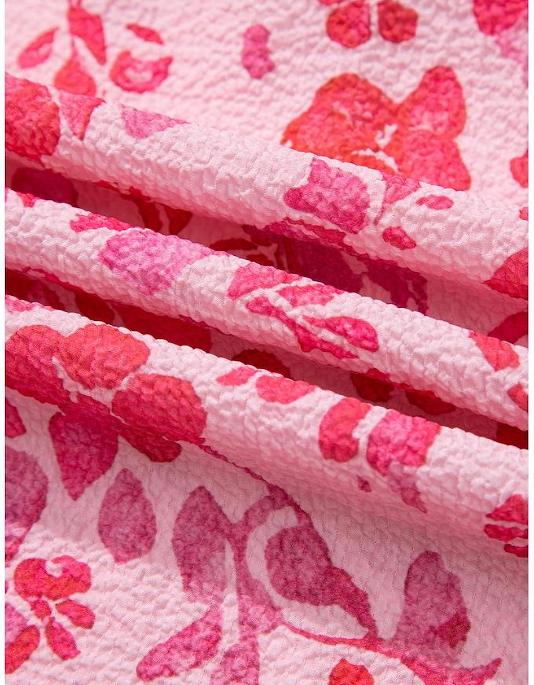 Pink Floral Puff Sleeve Split Neck Lightweight Blouse