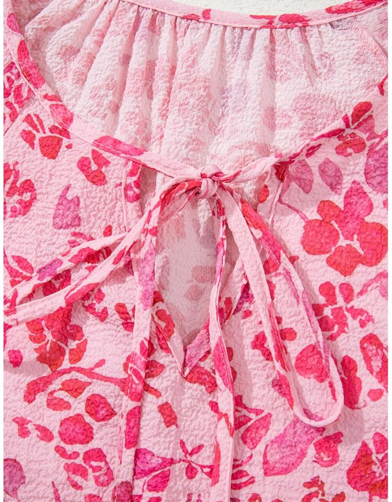 Pink Floral Puff Sleeve Split Neck Lightweight Blouse