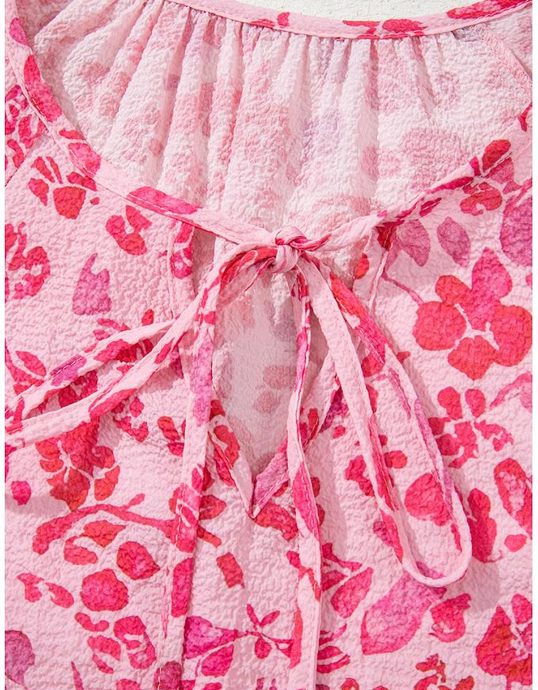 Pink Floral Puff Sleeve Split Neck Lightweight Blouse