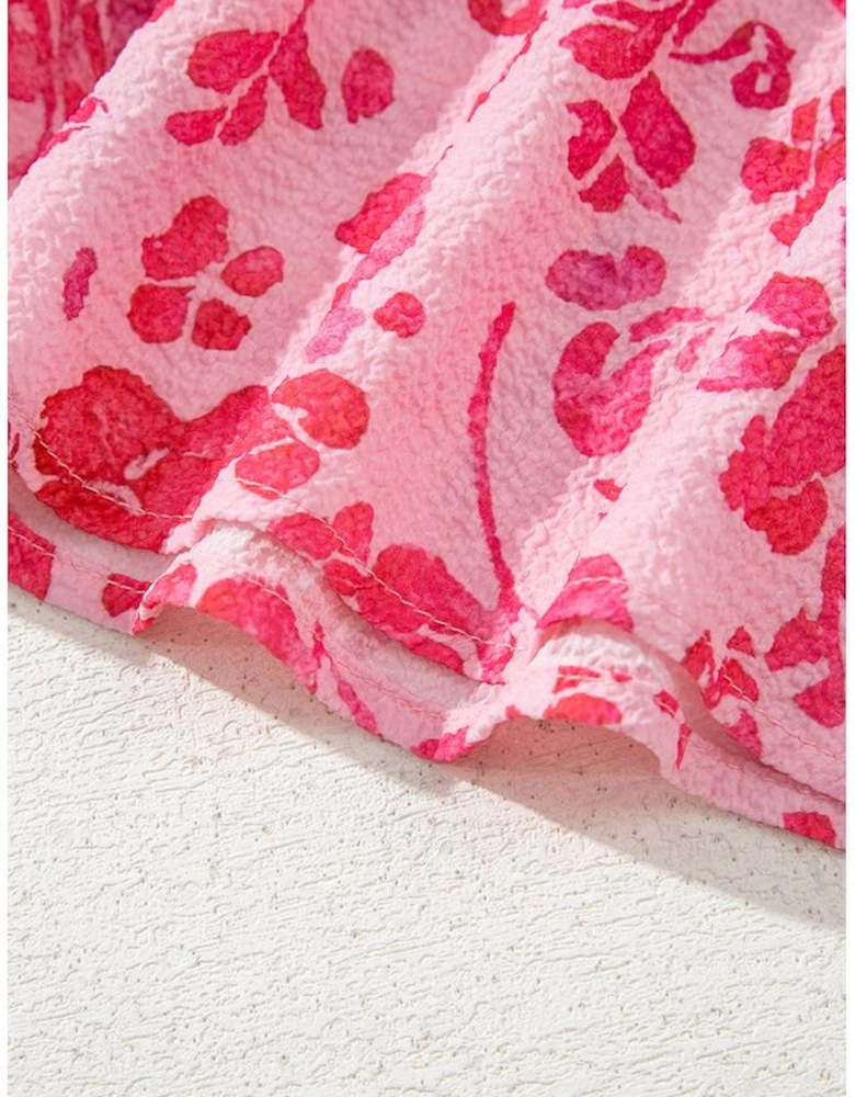 Pink Floral Puff Sleeve Split Neck Lightweight Blouse