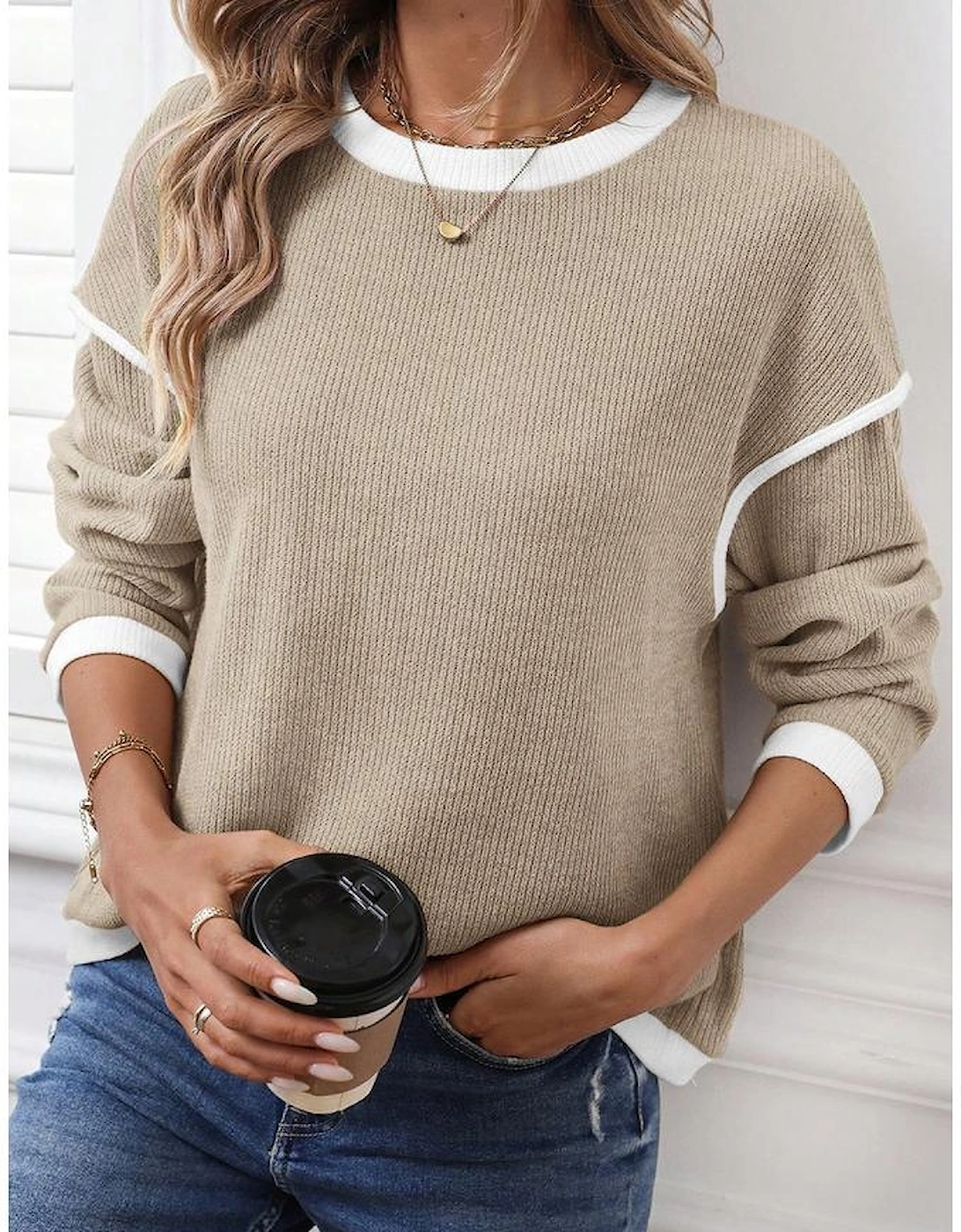 Beige Contrast Color Trim Knit Drop Shoulder Loose Top