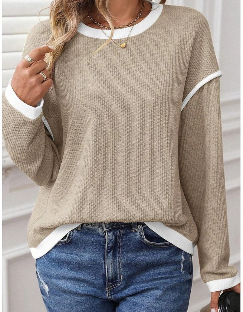 Beige Contrast Color Trim Knit Drop Shoulder Loose Top