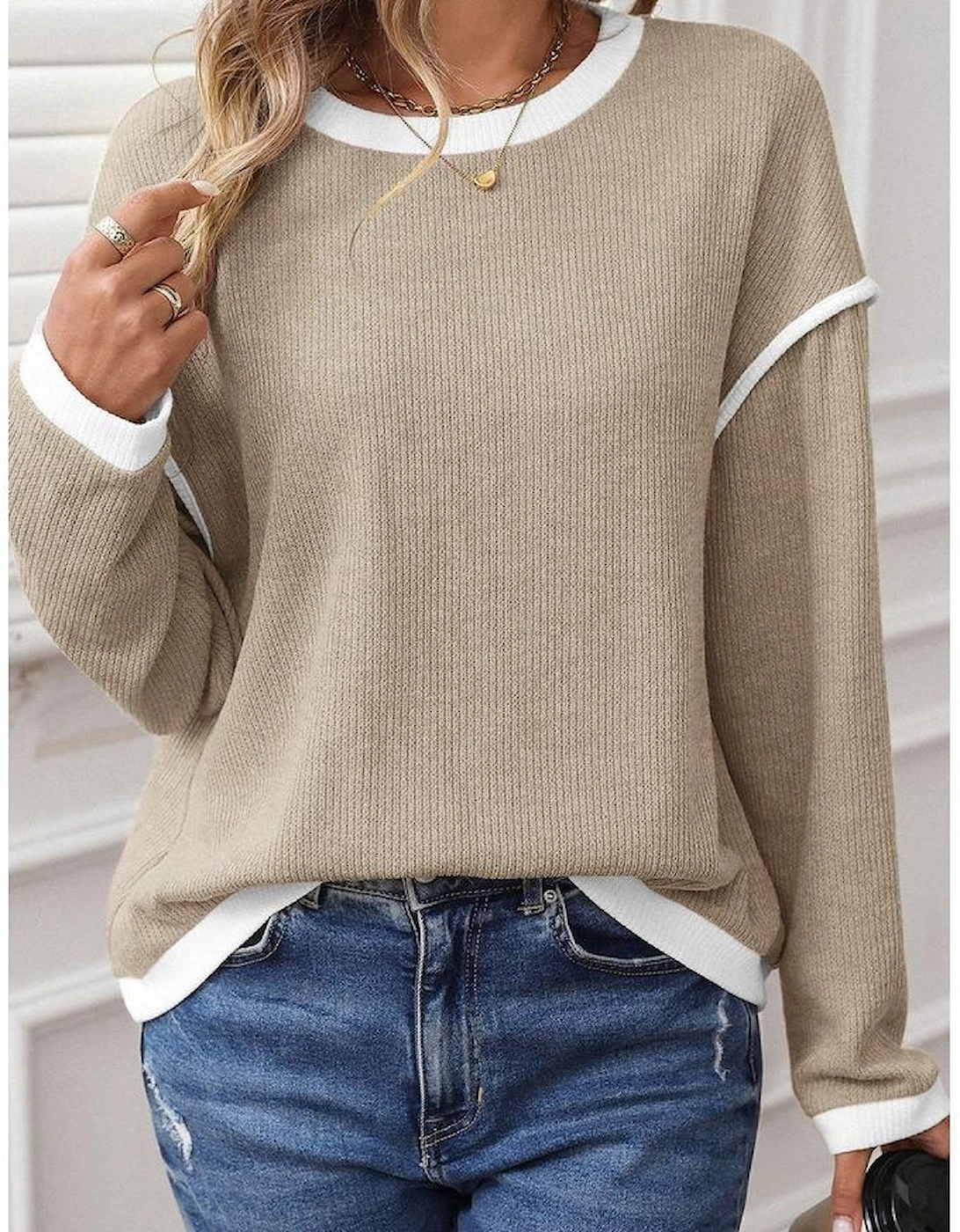 Beige Contrast Color Trim Knit Drop Shoulder Loose Top