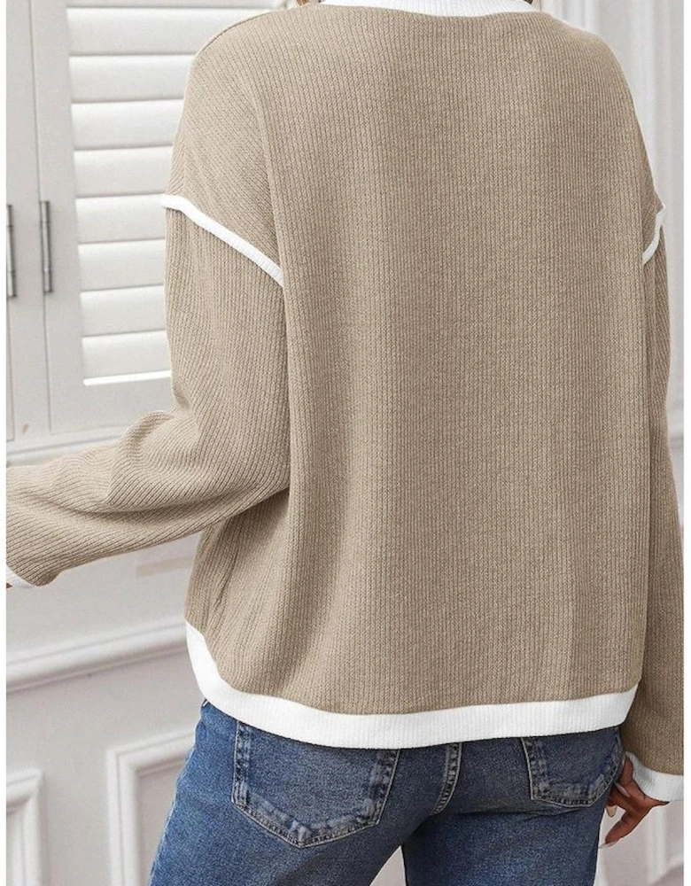 Beige Contrast Color Trim Knit Drop Shoulder Loose Top