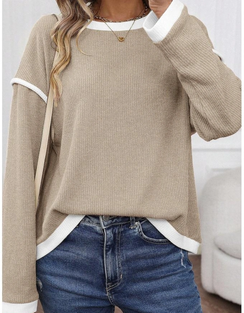 Beige Contrast Color Trim Knit Drop Shoulder Loose Top