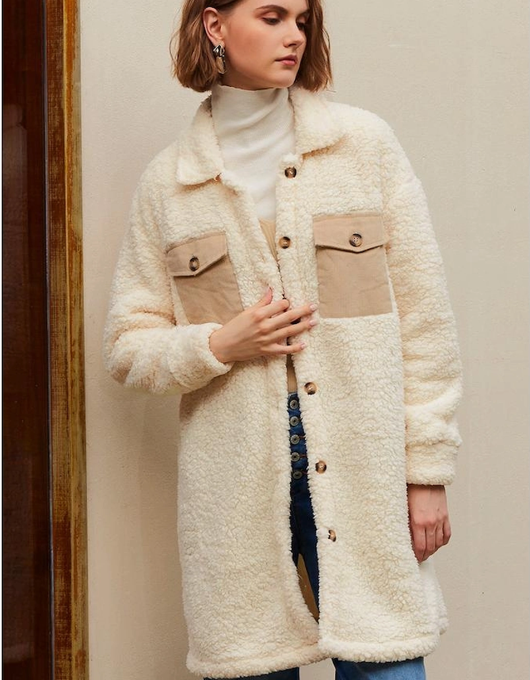 Beige Contrast Flap Pocket Single Breasted Teddy Coat
