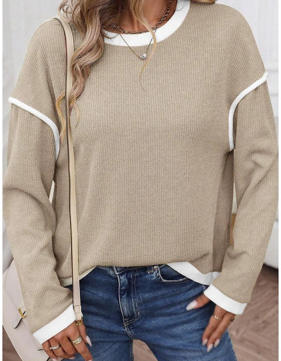 Beige Contrast Color Trim Knit Drop Shoulder Loose Top