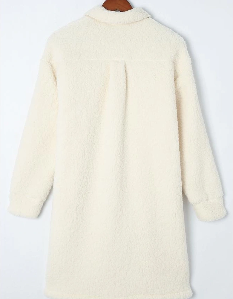 Beige Contrast Flap Pocket Single Breasted Teddy Coat