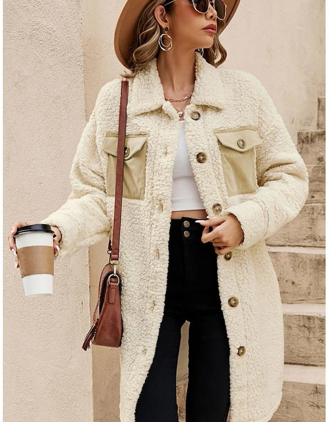 Beige Contrast Flap Pocket Single Breasted Teddy Coat