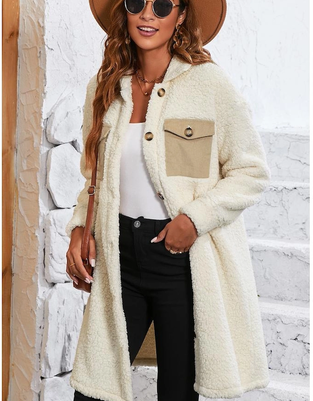 Beige Contrast Flap Pocket Single Breasted Teddy Coat, 16 of 15