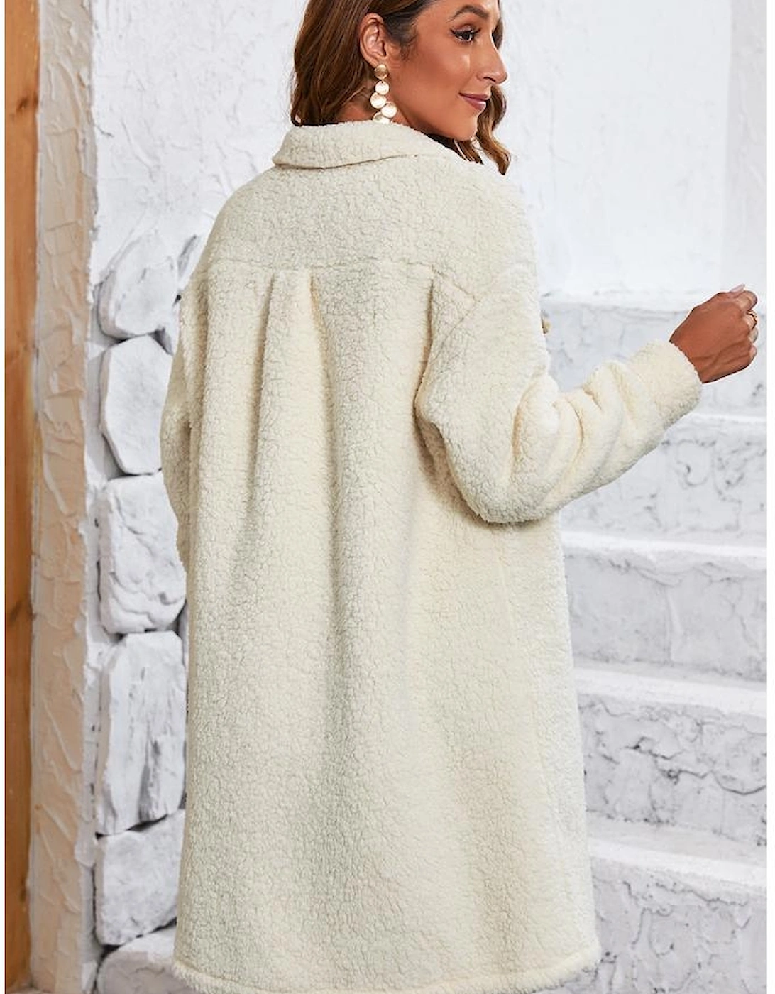 Beige Contrast Flap Pocket Single Breasted Teddy Coat