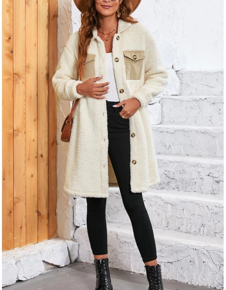 Beige Contrast Flap Pocket Single Breasted Teddy Coat