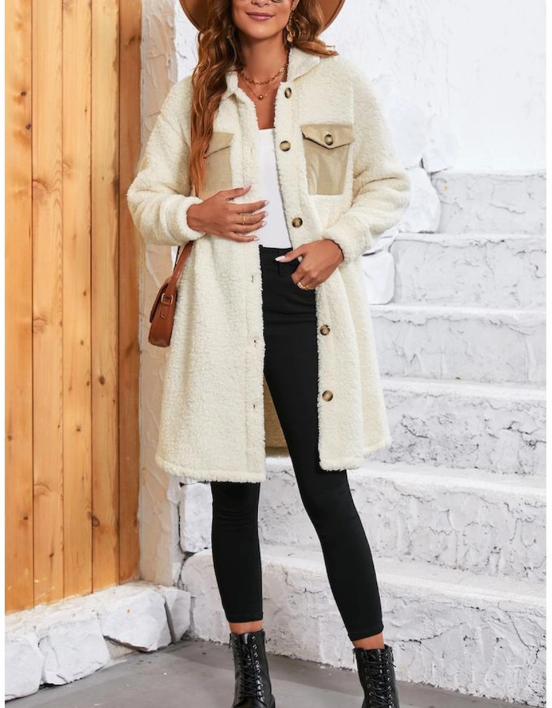Beige Contrast Flap Pocket Single Breasted Teddy Coat