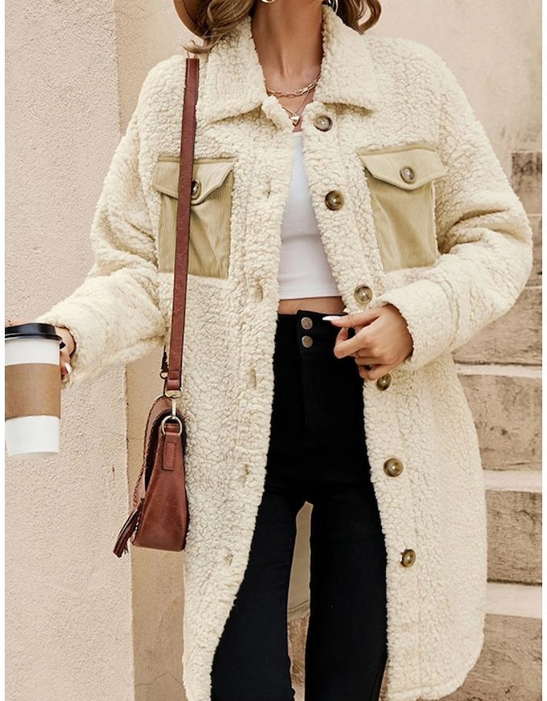 Beige Contrast Flap Pocket Single Breasted Teddy Coat