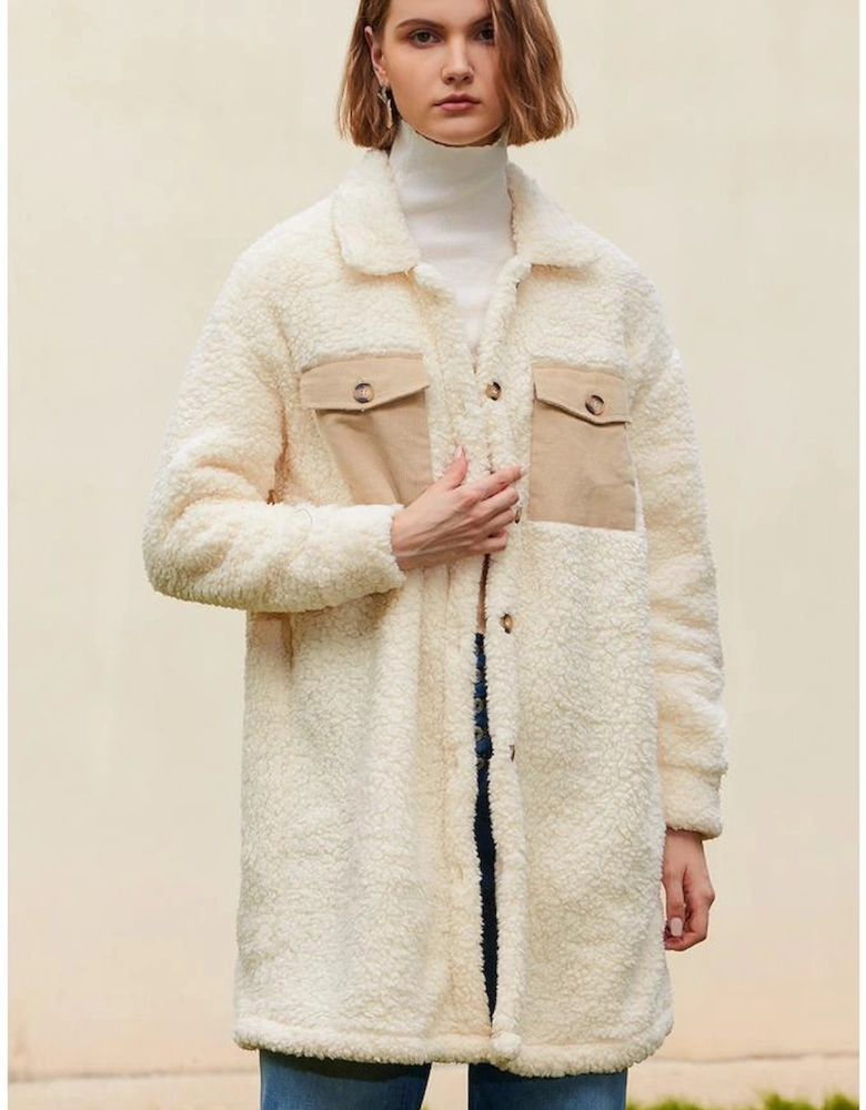 Beige Contrast Flap Pocket Single Breasted Teddy Coat
