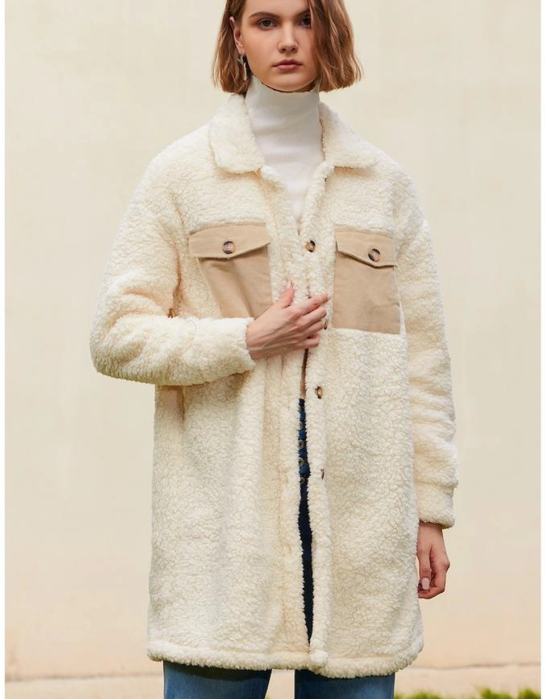 Beige Contrast Flap Pocket Single Breasted Teddy Coat