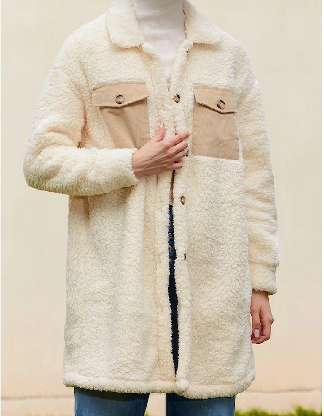 Beige Contrast Flap Pocket Single Breasted Teddy Coat